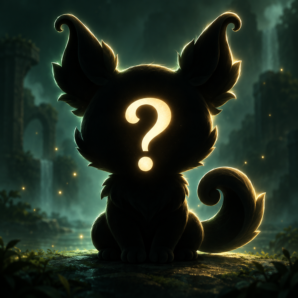 An unrevealed guardian in shadow with a glowing question mark